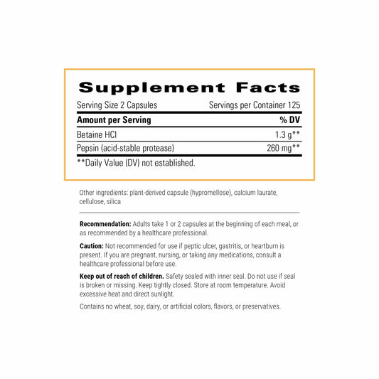 Close-up of the Betaine HCl label emphasizing product quality and transparency