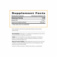 Close-up of the Betaine HCl label emphasizing product quality and transparency