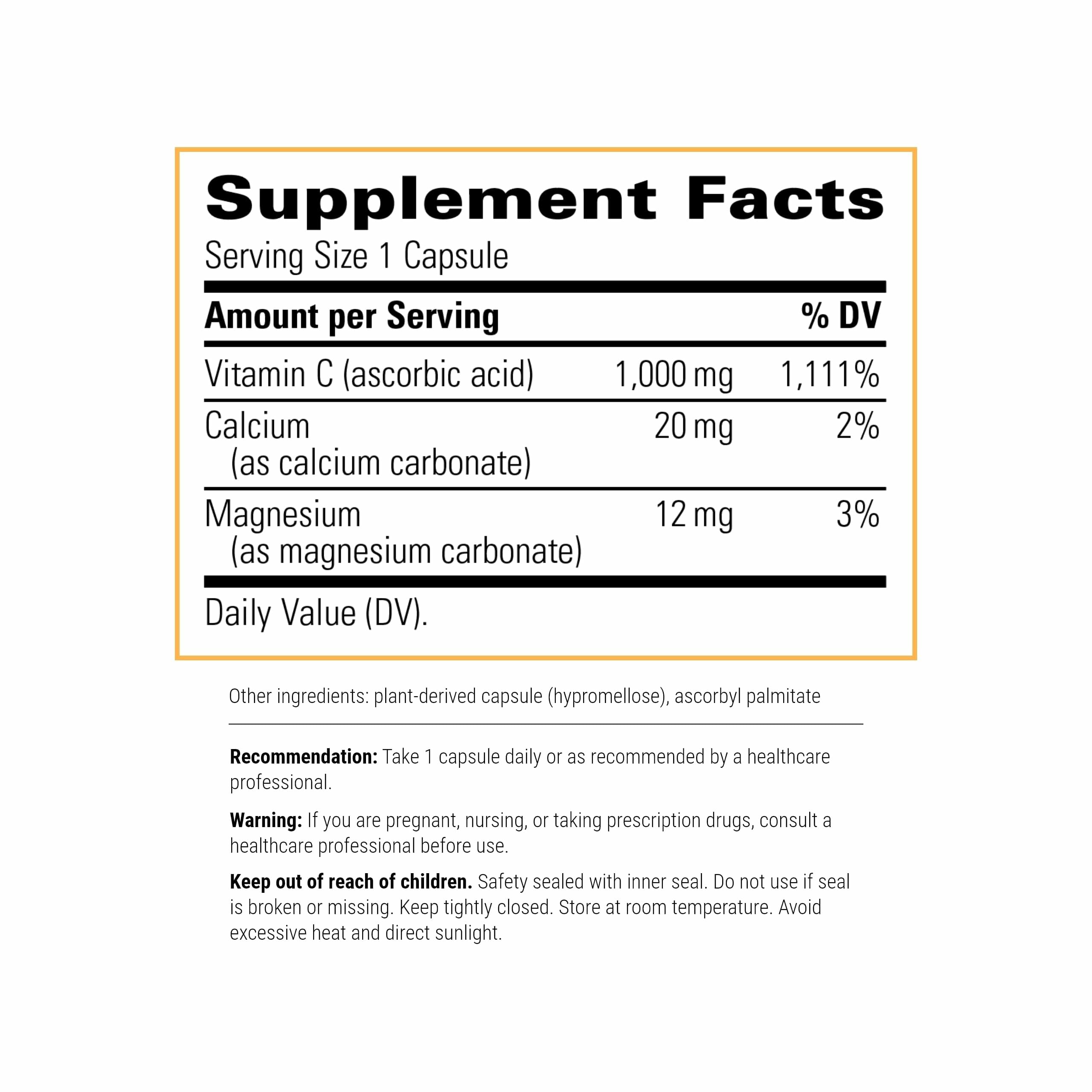 Close-up of Integrative Therapeutics Vitamin C capsules highlighting 1,000 mg dose