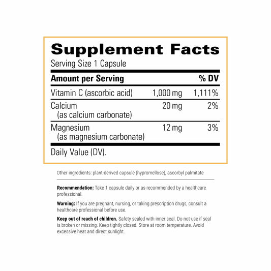 Close-up of Integrative Therapeutics Vitamin C capsules highlighting 1,000 mg dose
