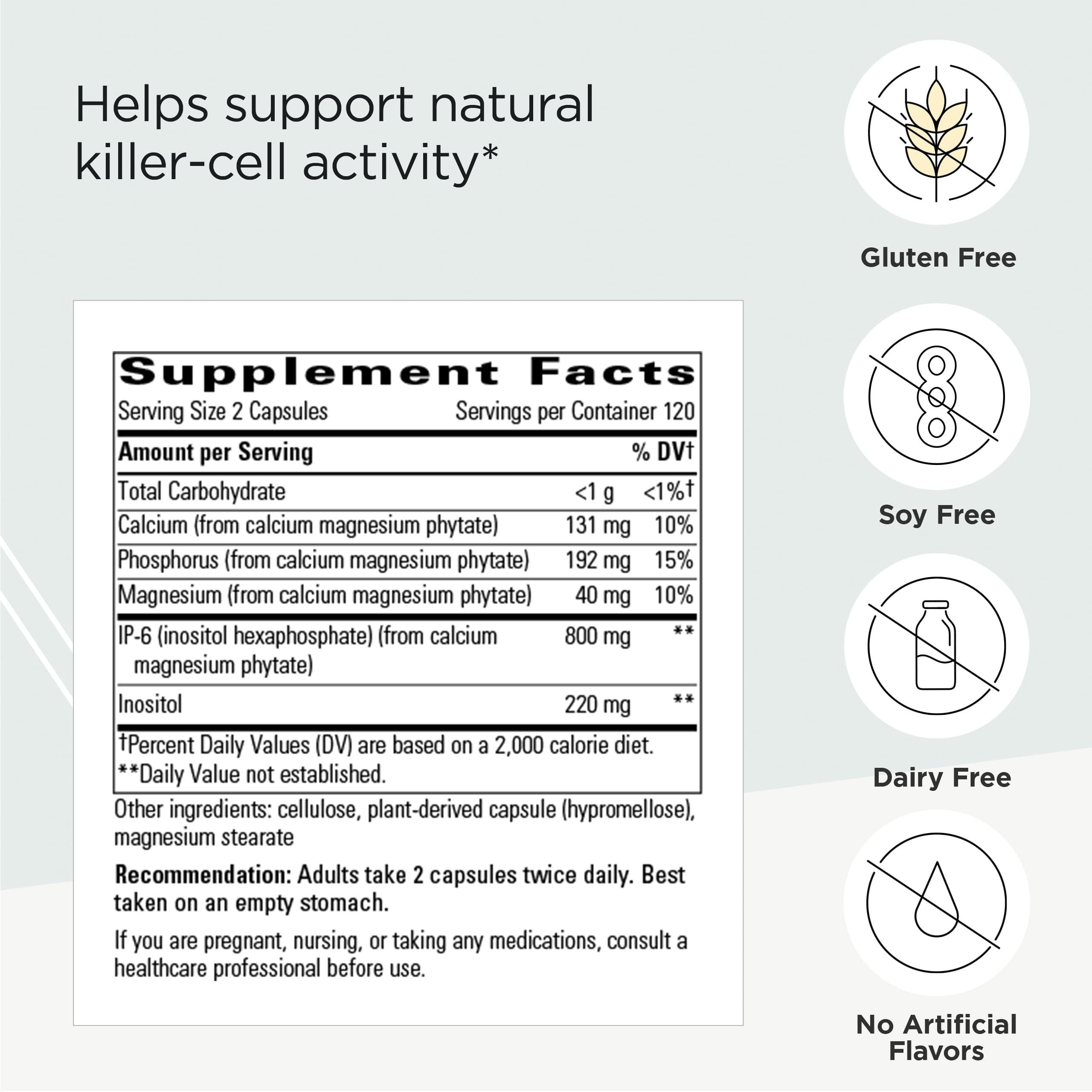 Close-up of Cellular Forte capsules highlighting IP-6 and inositol for immune health.