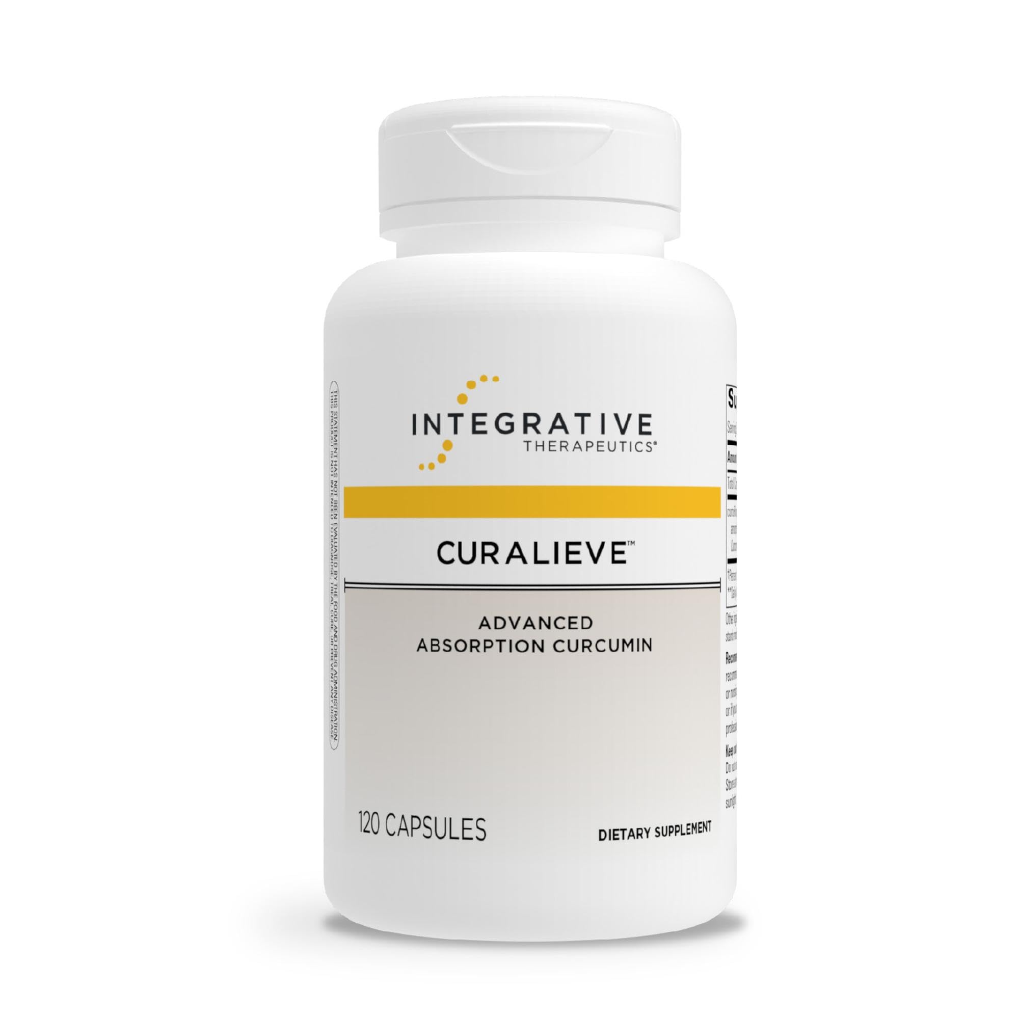 Integrative Therapeutics Curalieve bottle front showing high-absorption curcumin formula for antioxidant support.