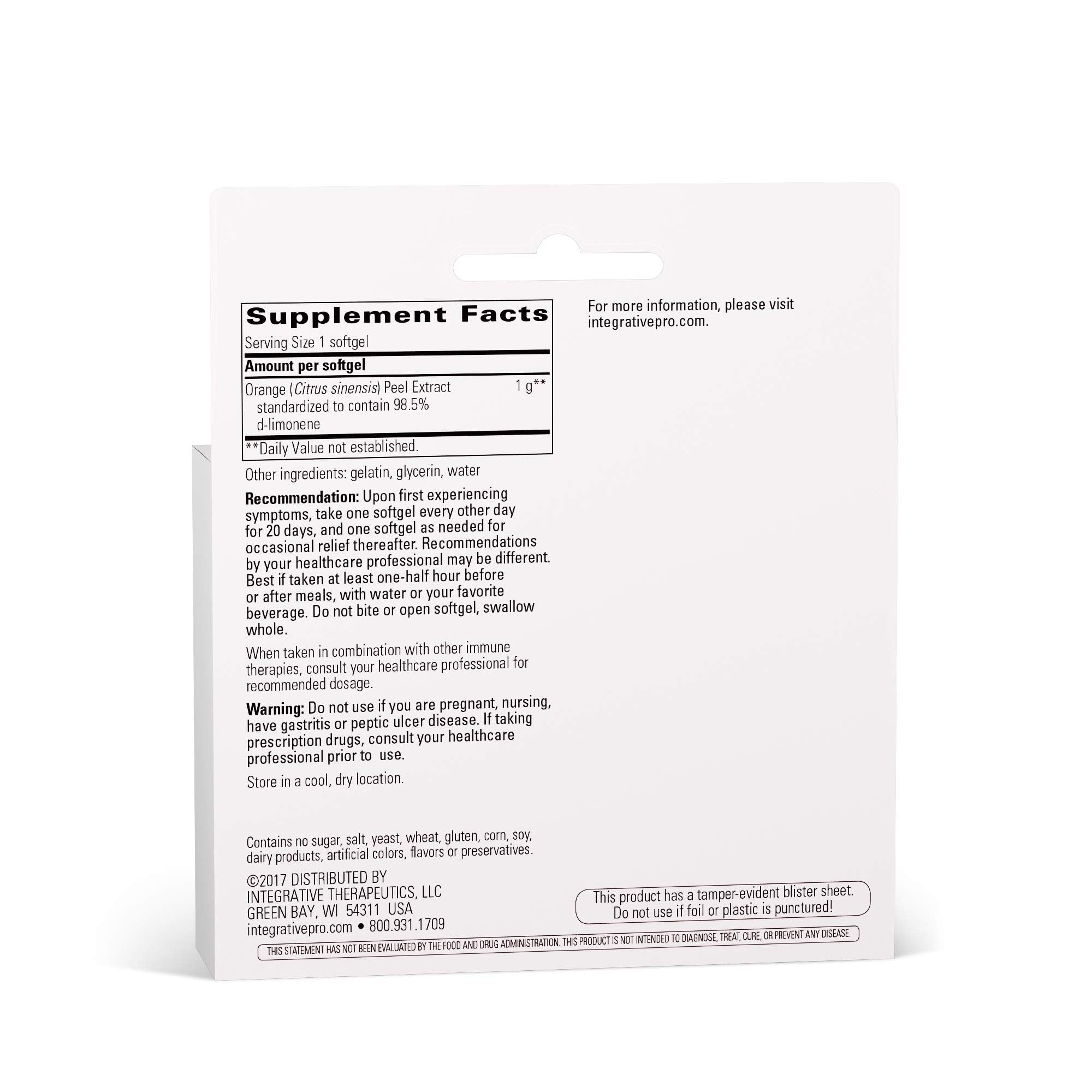 Integrative Therapeutics D-Limonene label close-up shows gluten-free and dairy-free formula.