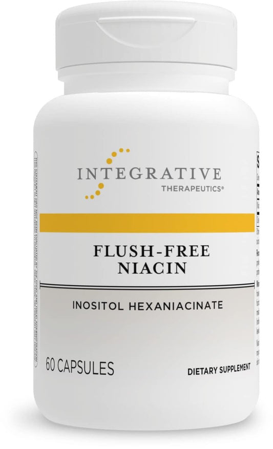 Integrative Therapeutics Flush-Free Niacin bottle highlighting energy support and vegan formula