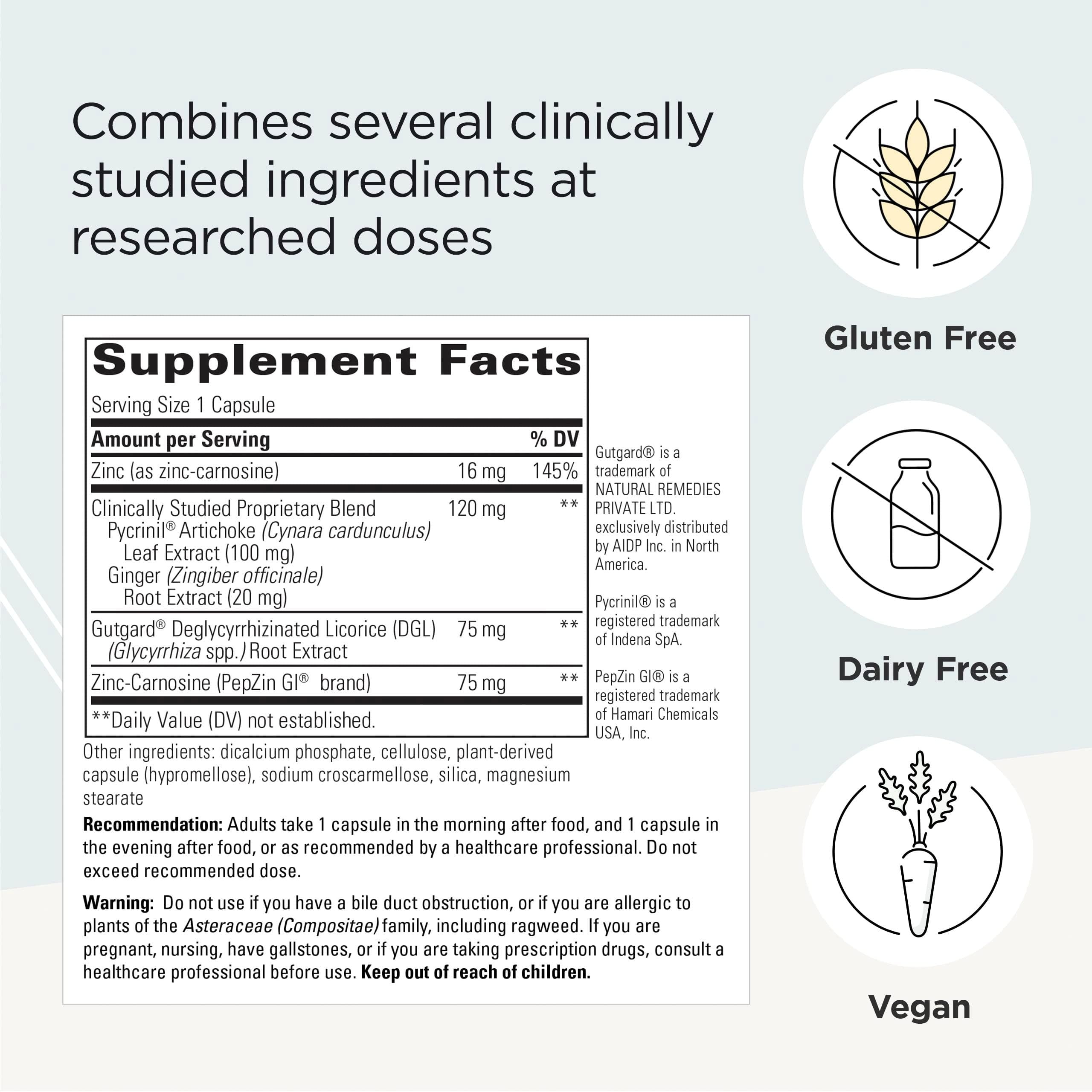Label shot of Integrative Therapeutics Heartburn Advantage emphasizing gluten-free and dairy-free claims