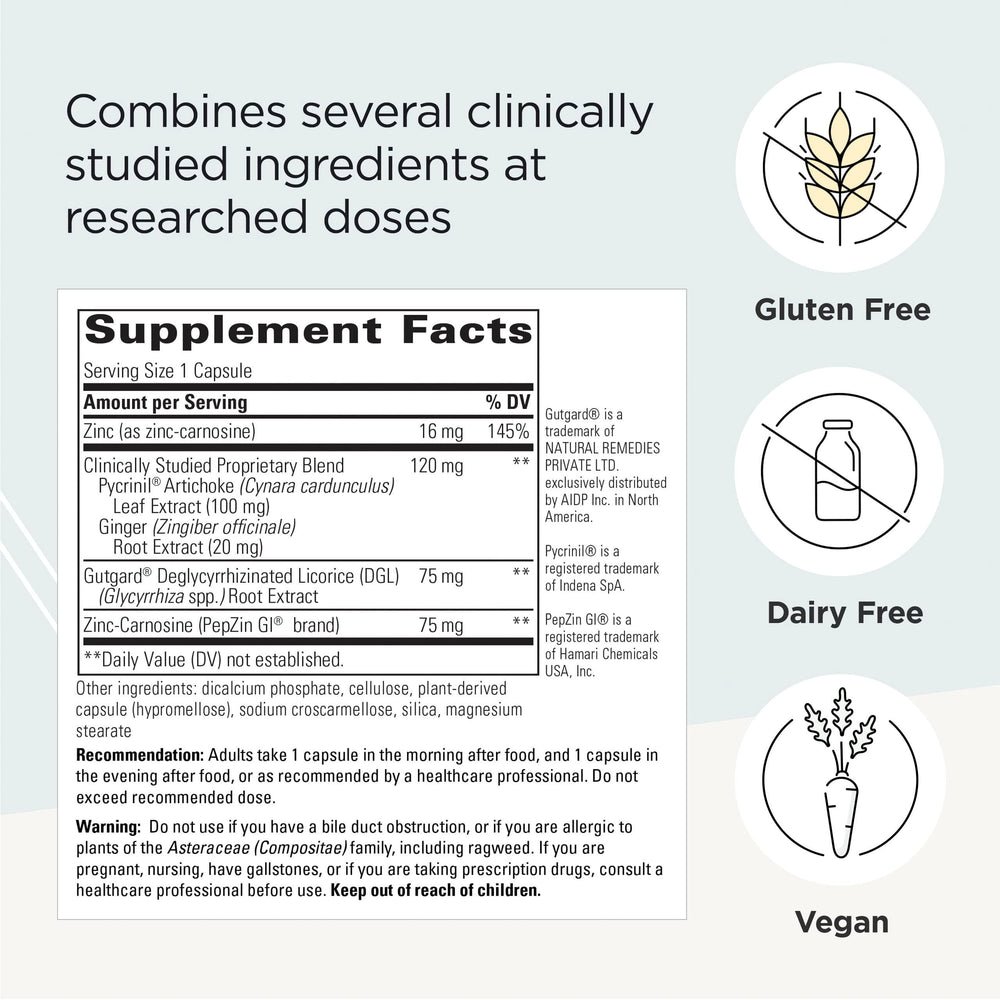 Label shot of Integrative Therapeutics Heartburn Advantage emphasizing gluten-free and dairy-free claims