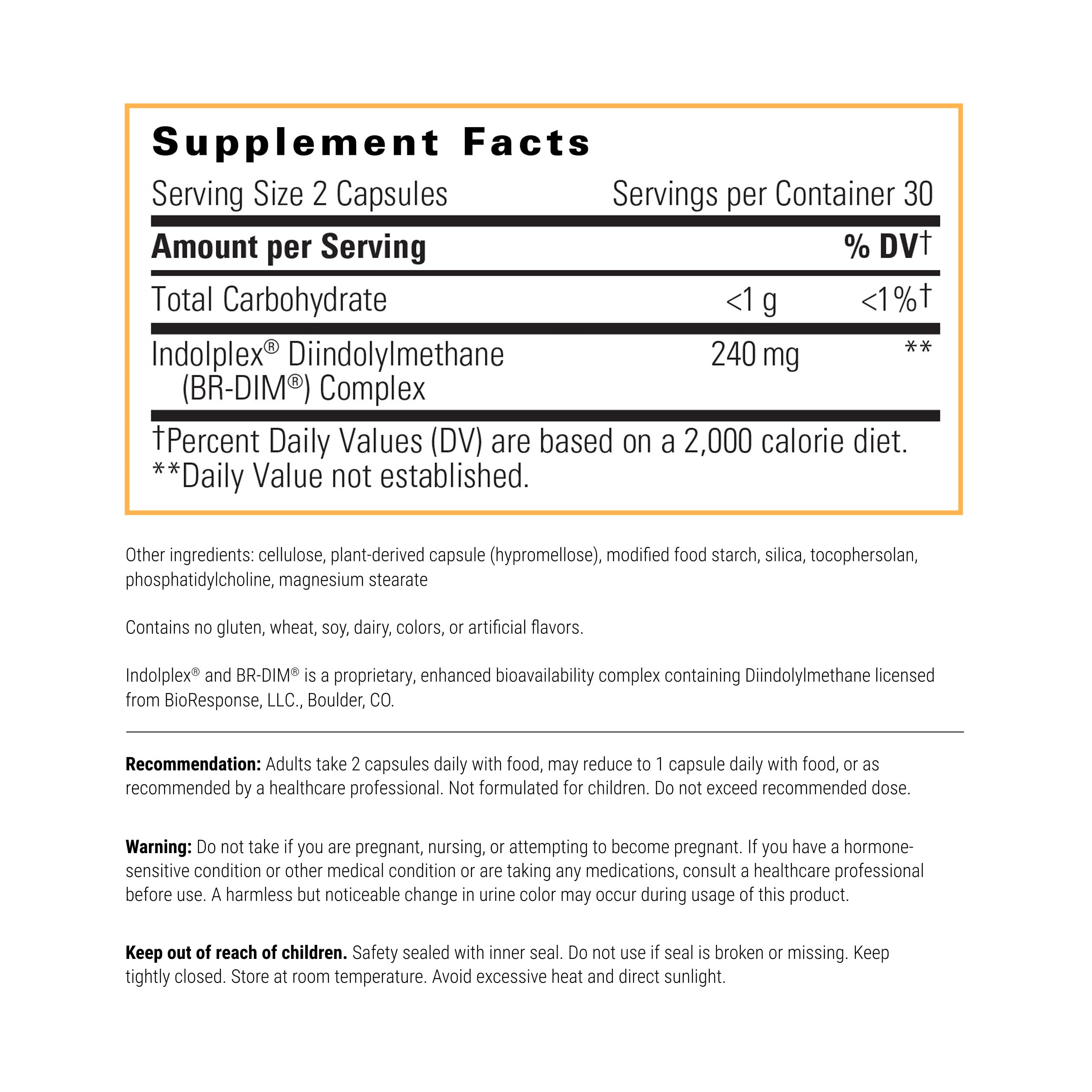 Integrative Therapeutics Indolplex bottle back label with dosage directions for adults