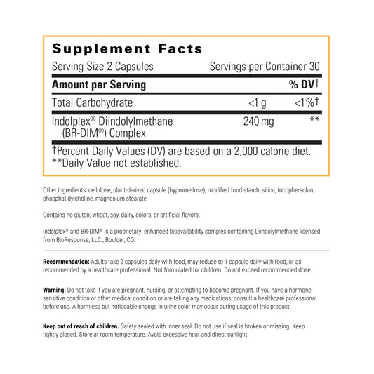 Integrative Therapeutics Indolplex bottle back label with dosage directions for adults