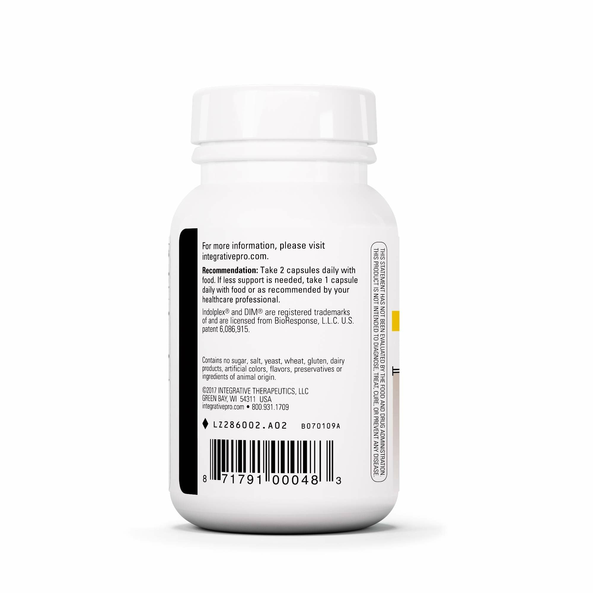 Integrative Therapeutics Indolplex capsules close-up highlighting gluten-free and dairy-free formula