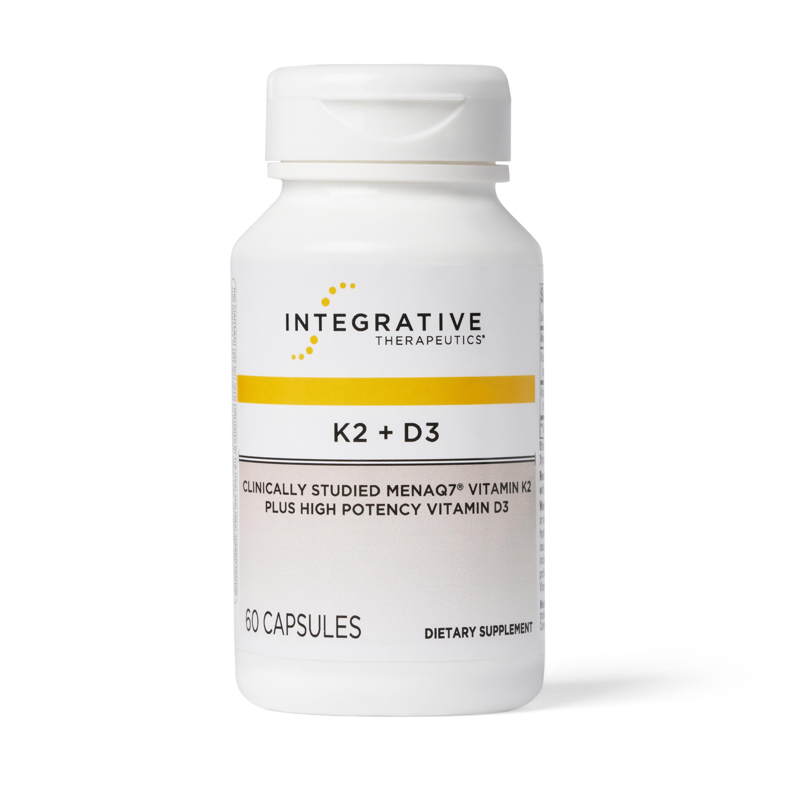 Integrative Therapeutics K2+D3 bottle label close-up highlighting bone and heart support