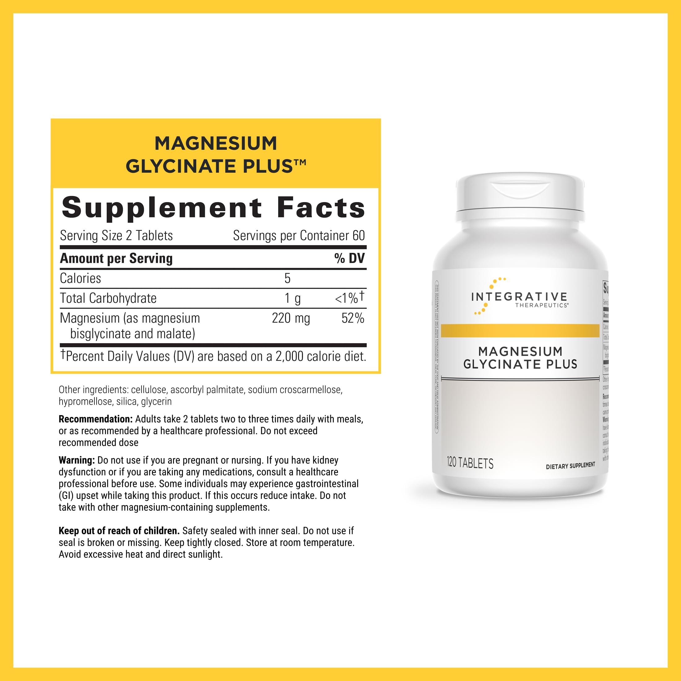 Integrative Therapeutics Magnesium Glycinate Plus bottle back detailing ingredients and gluten-free suitability