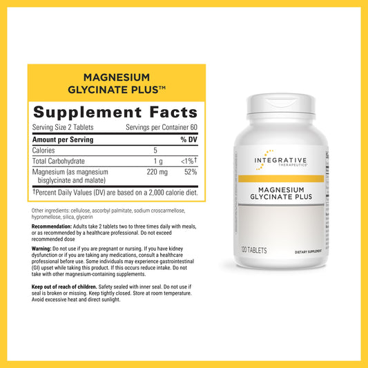 Integrative Therapeutics Magnesium Glycinate Plus bottle back detailing ingredients and gluten-free suitability