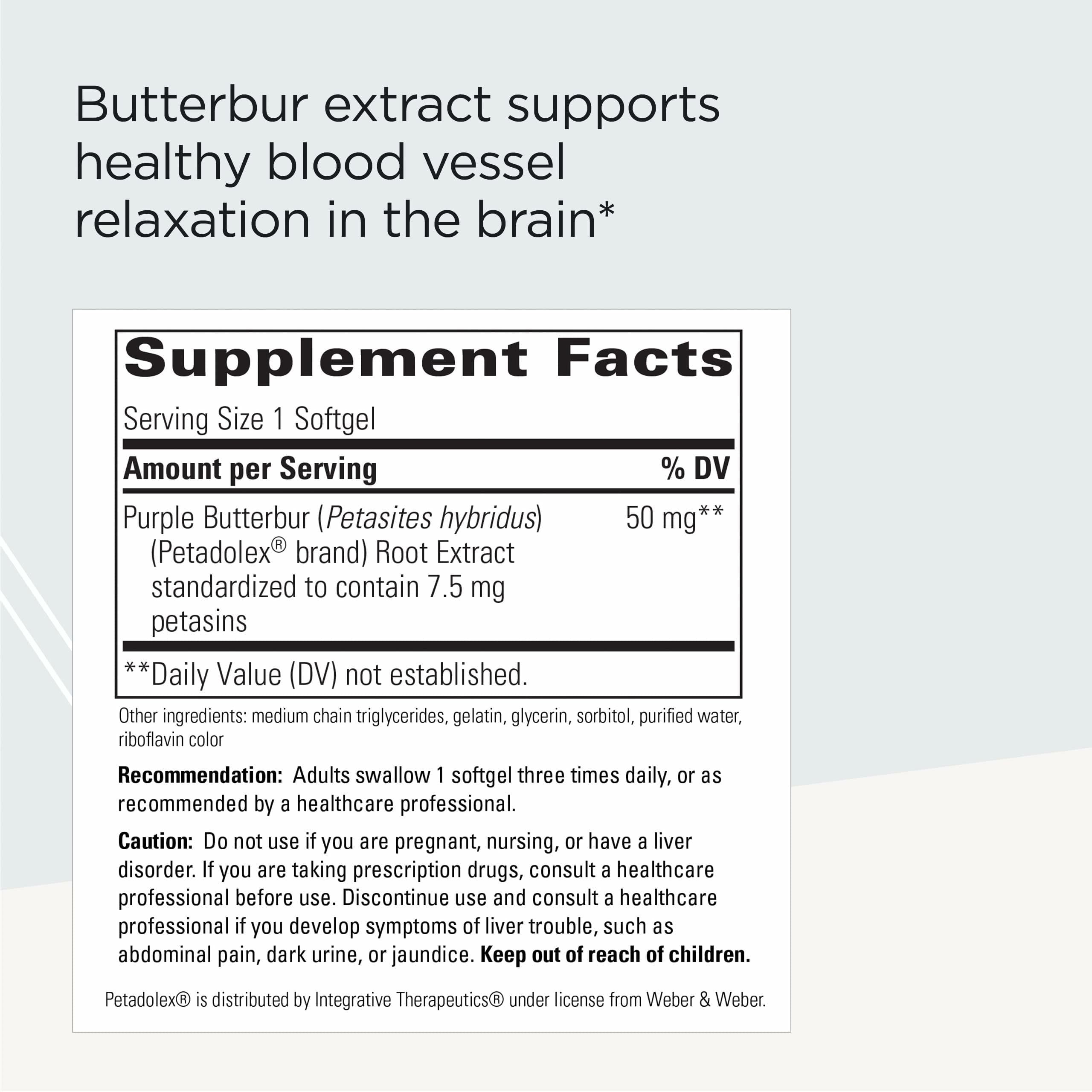 Close-up of Petadolex label showing gluten-free and dairy-free attributes for sensitive diets