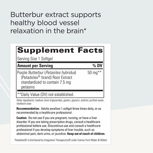 Close-up of Petadolex label showing gluten-free and dairy-free attributes for sensitive diets