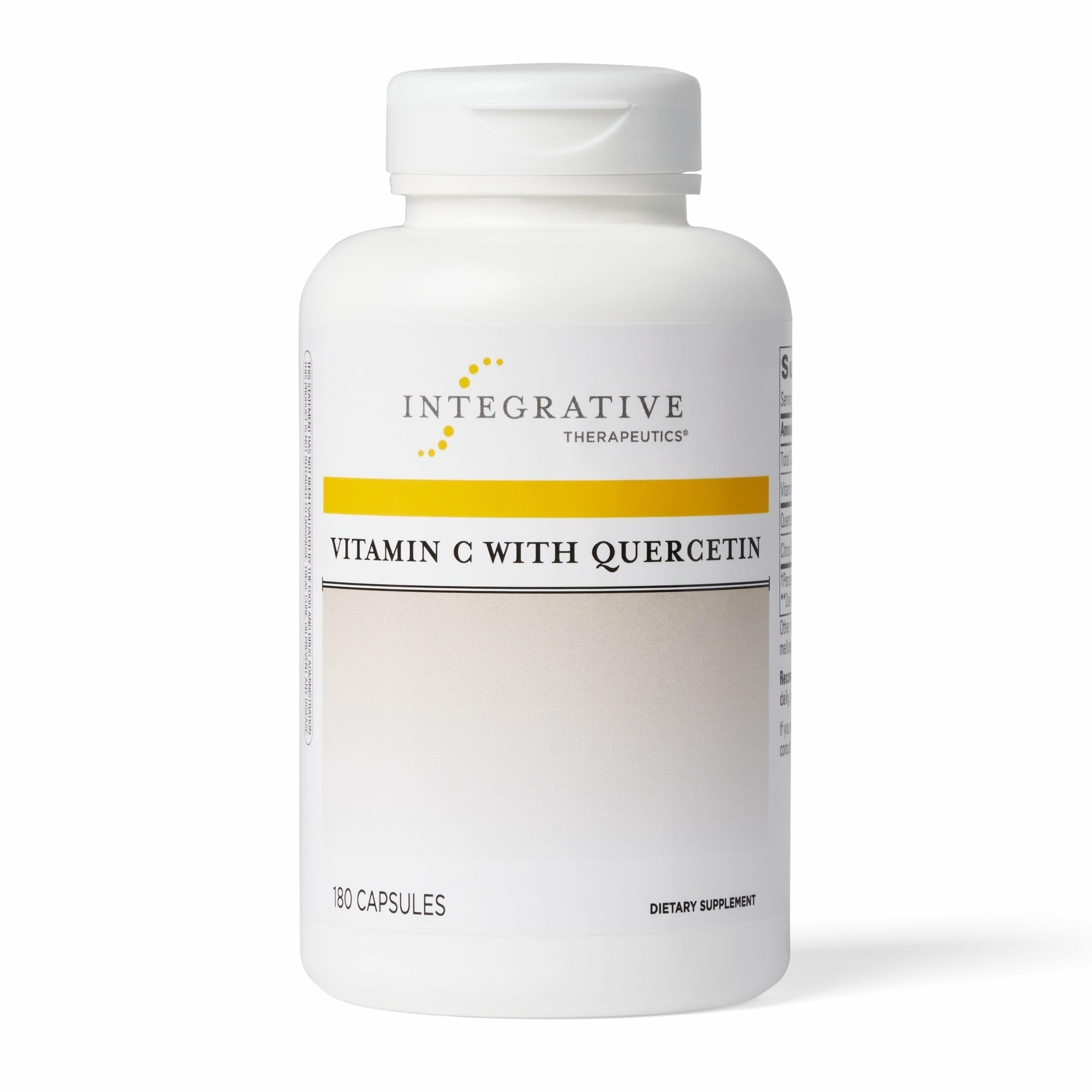 Integrative Therapeutics Vitamin C with Quercetin bottle shows label for daily antioxidant support.