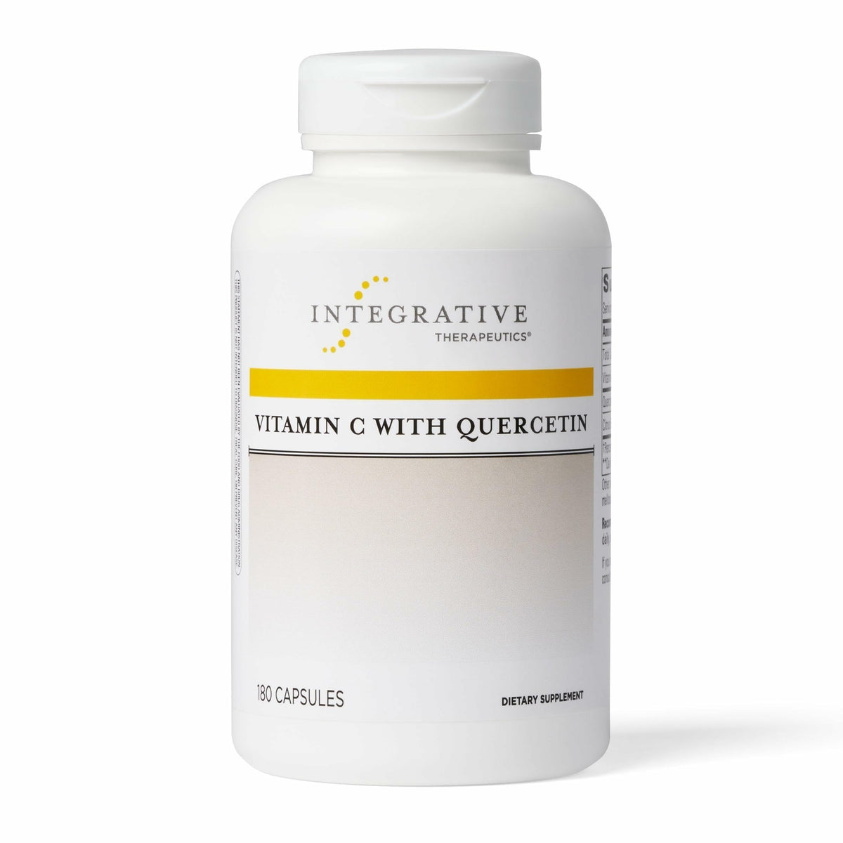 Integrative Therapeutics Vitamin C with Quercetin bottle shows label for daily antioxidant support.