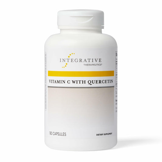 Integrative Therapeutics Vitamin C with Quercetin bottle shows label for daily antioxidant support.
