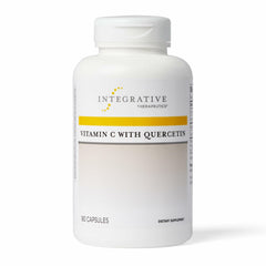 Integrative Therapeutics Vitamin C with Quercetin bottle shows label for daily antioxidant support.