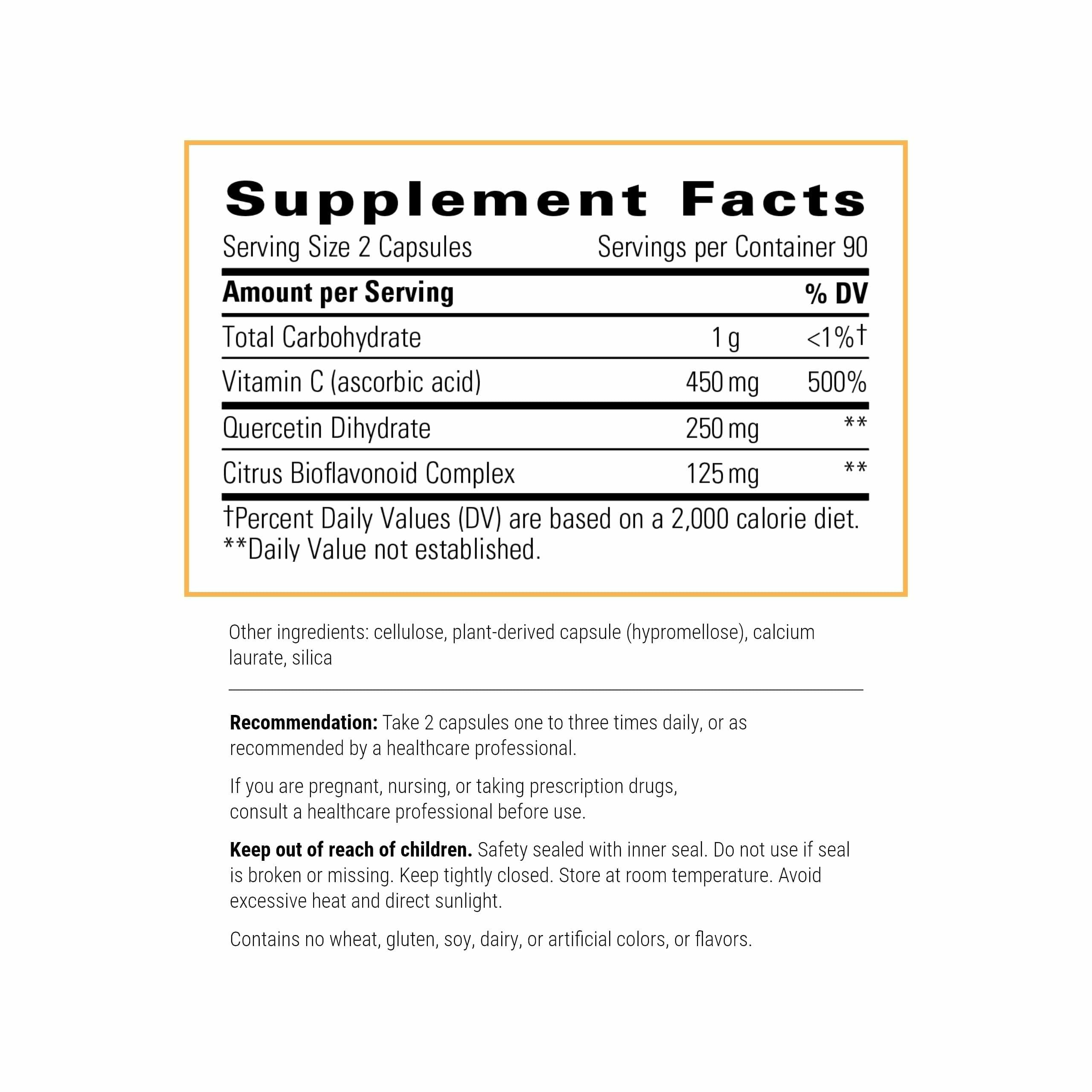 Integrative Therapeutics Vitamin C with Quercetin label close-up highlights vegan and allergen-free features.