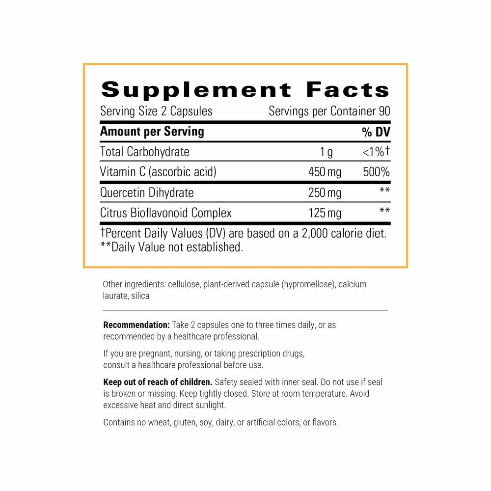 Integrative Therapeutics Vitamin C with Quercetin label close-up highlights vegan and allergen-free features.