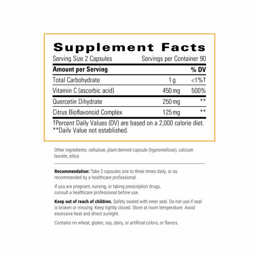 Integrative Therapeutics Vitamin C with Quercetin label close-up highlights vegan and allergen-free features.