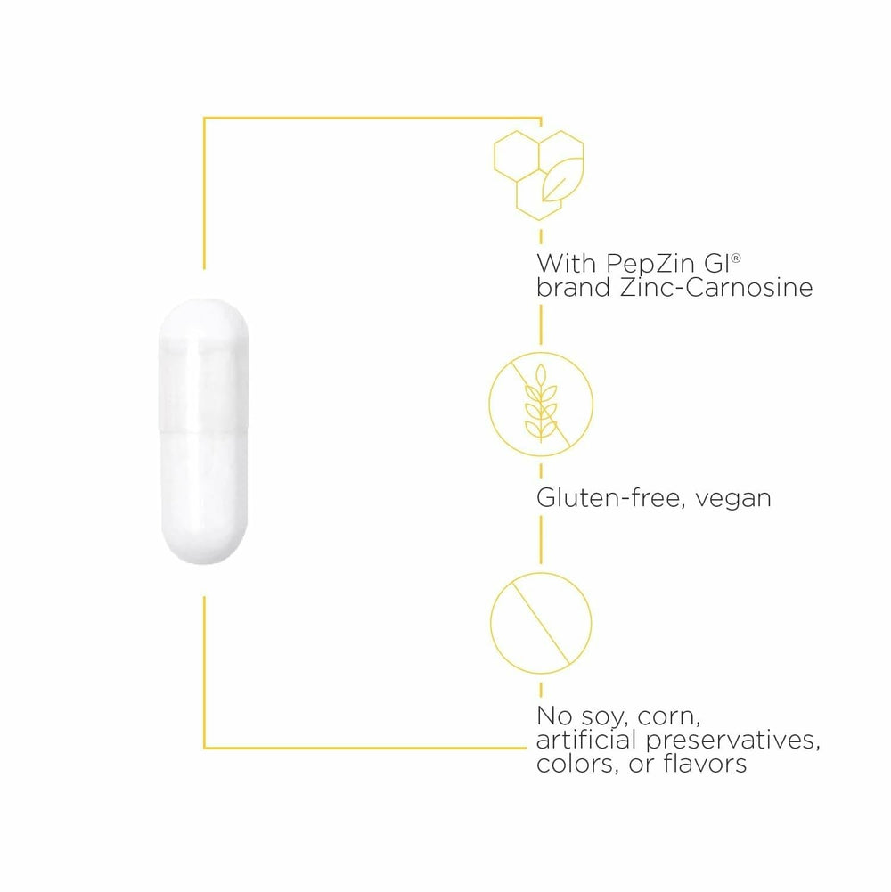 Integrative Therapeutics Zinc-Carnosine capsules laid out for convenient daily digestive routine