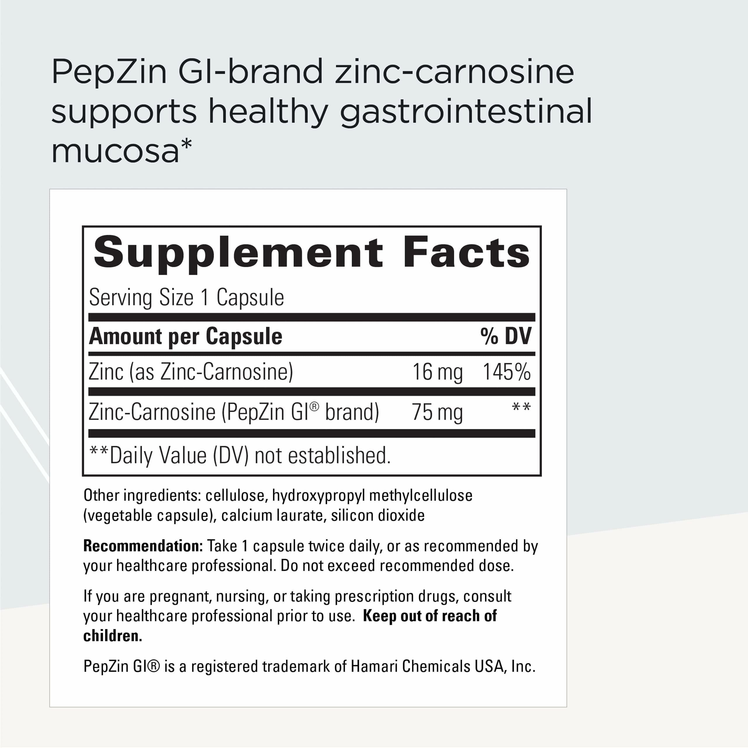 Integrative Therapeutics Zinc-Carnosine label close-up highlighting PepZinGI for gut mucosa support