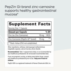 Integrative Therapeutics Zinc-Carnosine label close-up highlighting PepZinGI for gut mucosa support