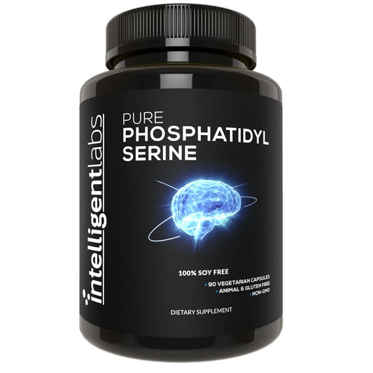 Intelligent Labs phosphatidylserine supplement bottle emphasizing pure PS for focused daily use.