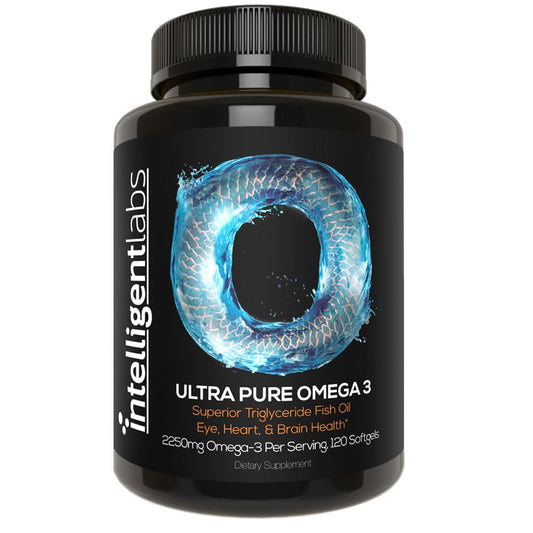 Intelligent Labs Triglyceride Omega-3 bottle front shows premium, high-purity fish oil.