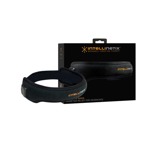 intellinetix Headache Band worn on the head for portable vibration therapy