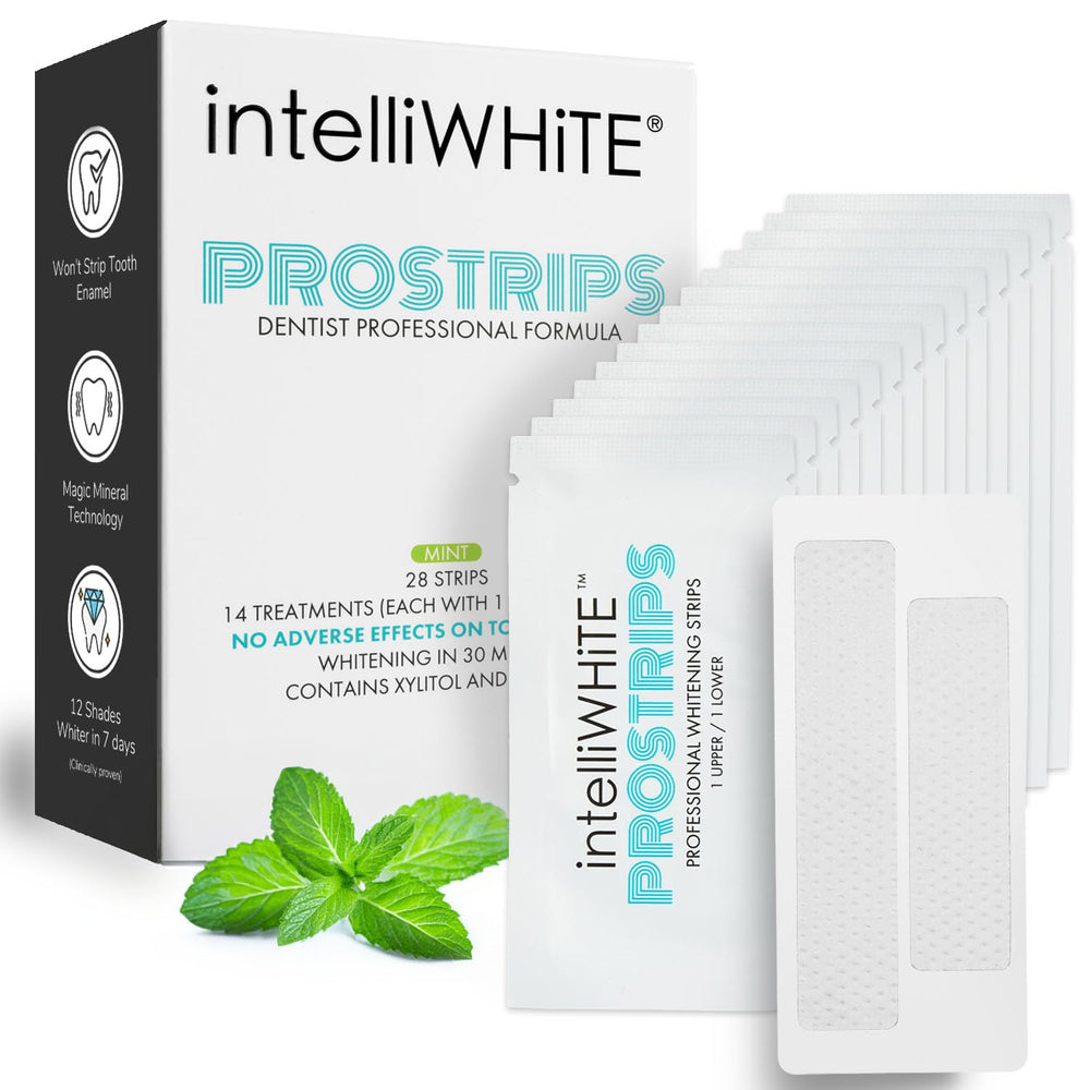 Intelliwhite ProStrips pack shot highlights enamel-safe whitening formula