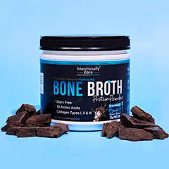 Intentionally Bare bone broth protein powder chocolate in a mug with hot drink