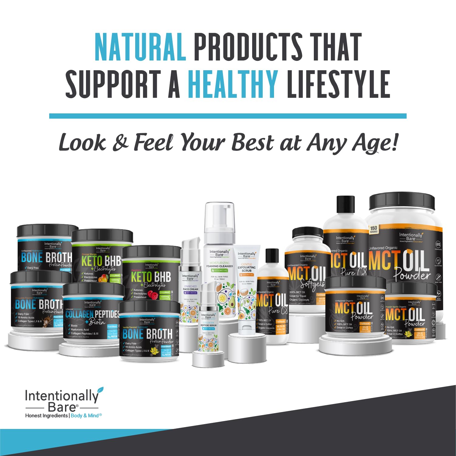 Intentionally Bare bone broth protein powder chocolate daily-use setup on counter