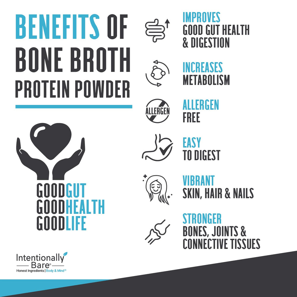 Intentionally Bare bone broth protein powder chocolate label shows clean ingredients