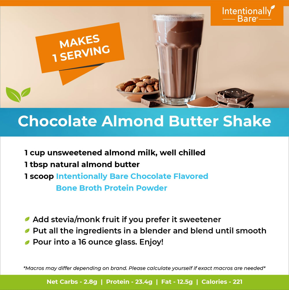 Intentionally Bare bone broth protein powder chocolate bottle with BPA-free packaging
