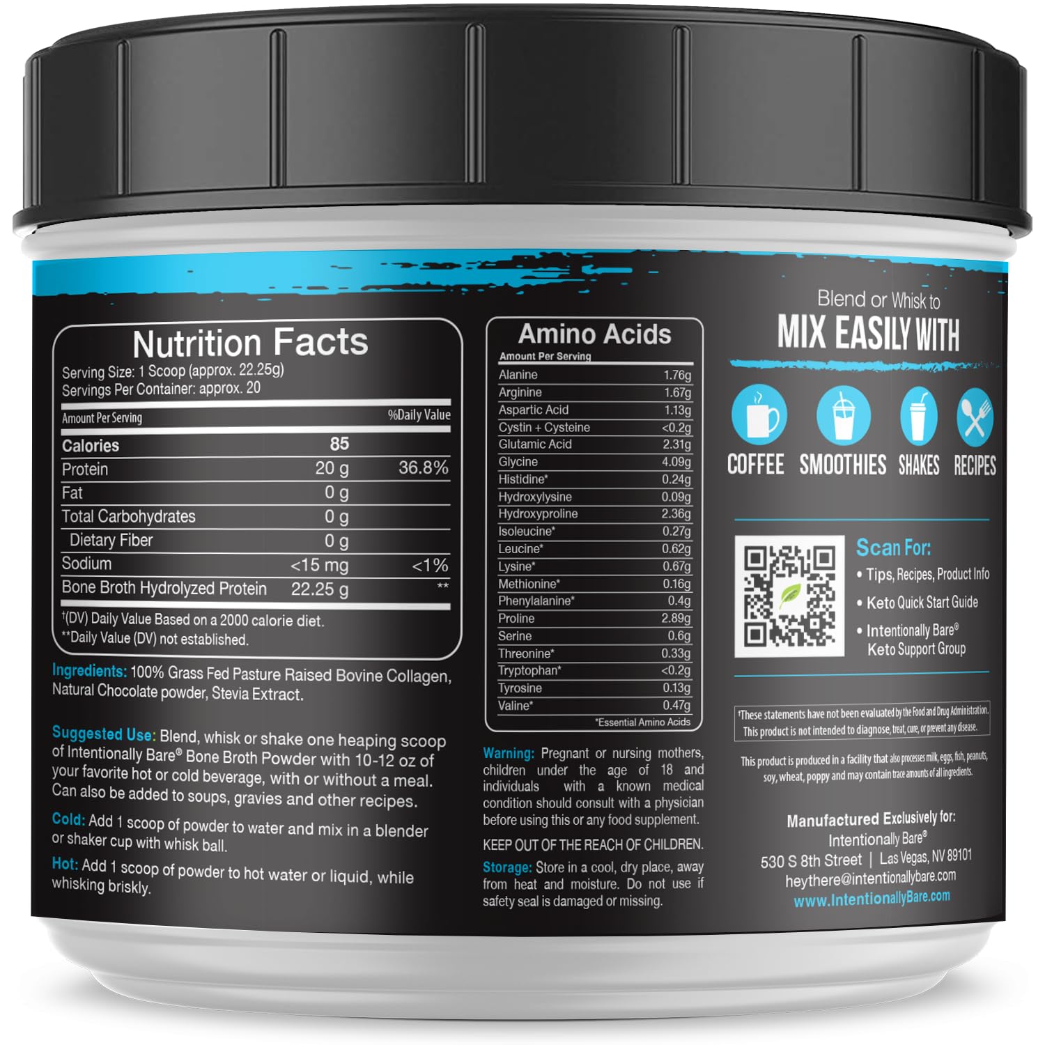 Intentionally Bare bone broth protein powder chocolate blended into a smoothie