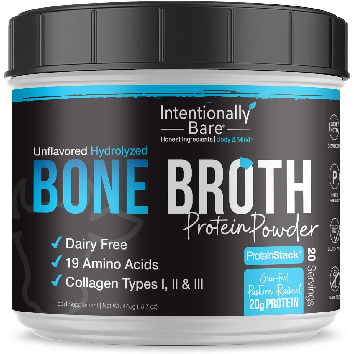 Intentionally Bare bone broth protein powder unflavored tub showing packaging and texture benefits for skin, gut, and joints.