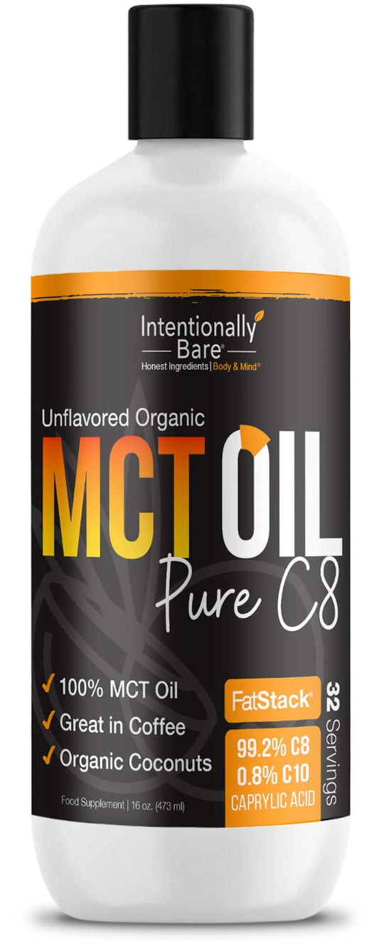 Intentionally Bare MCT Oil bottle front—clean coconut base for keto and vegan diets.