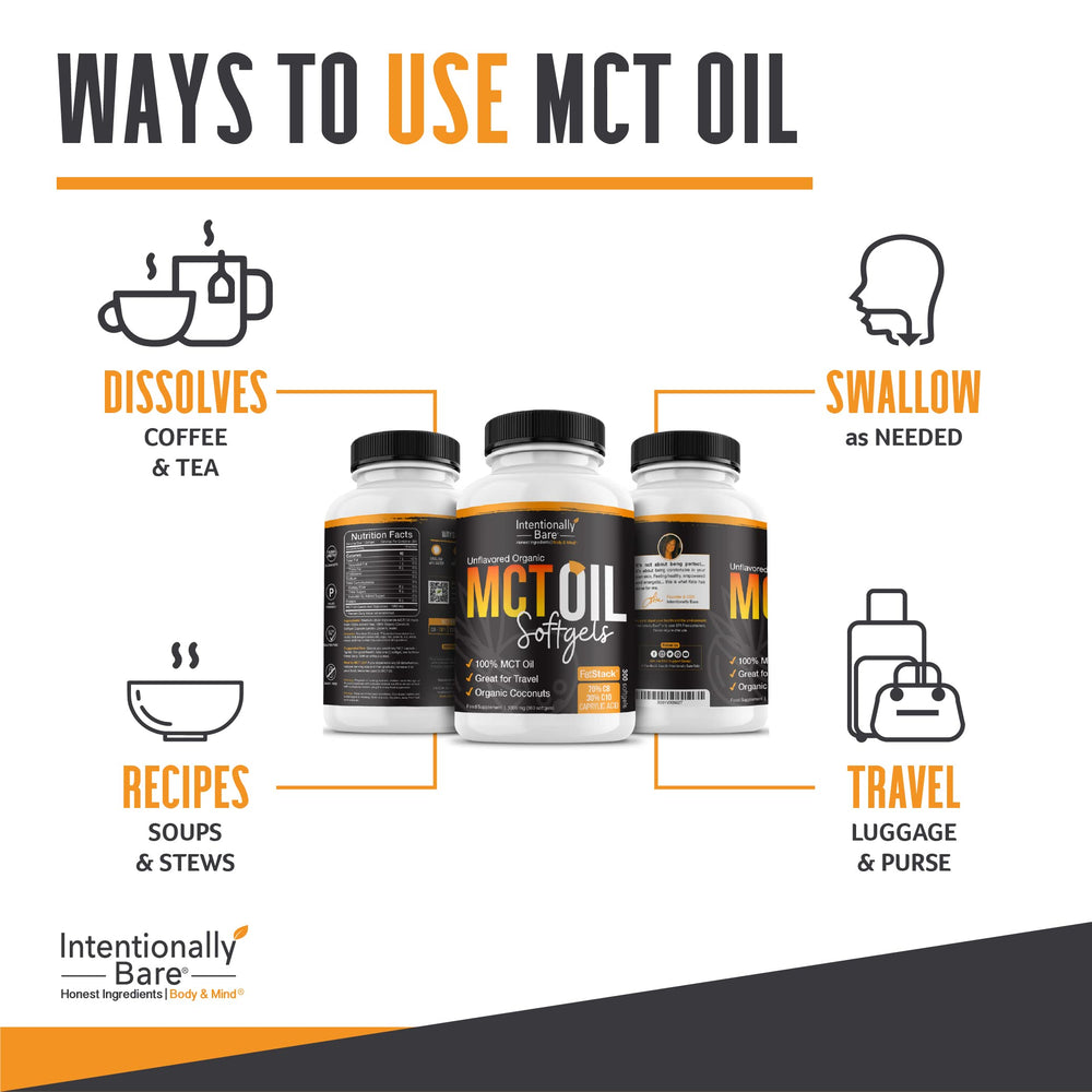 Intentionally Bare MCT Oil Capsules blister pack showing tasteless, odorless capsules for everyday routines