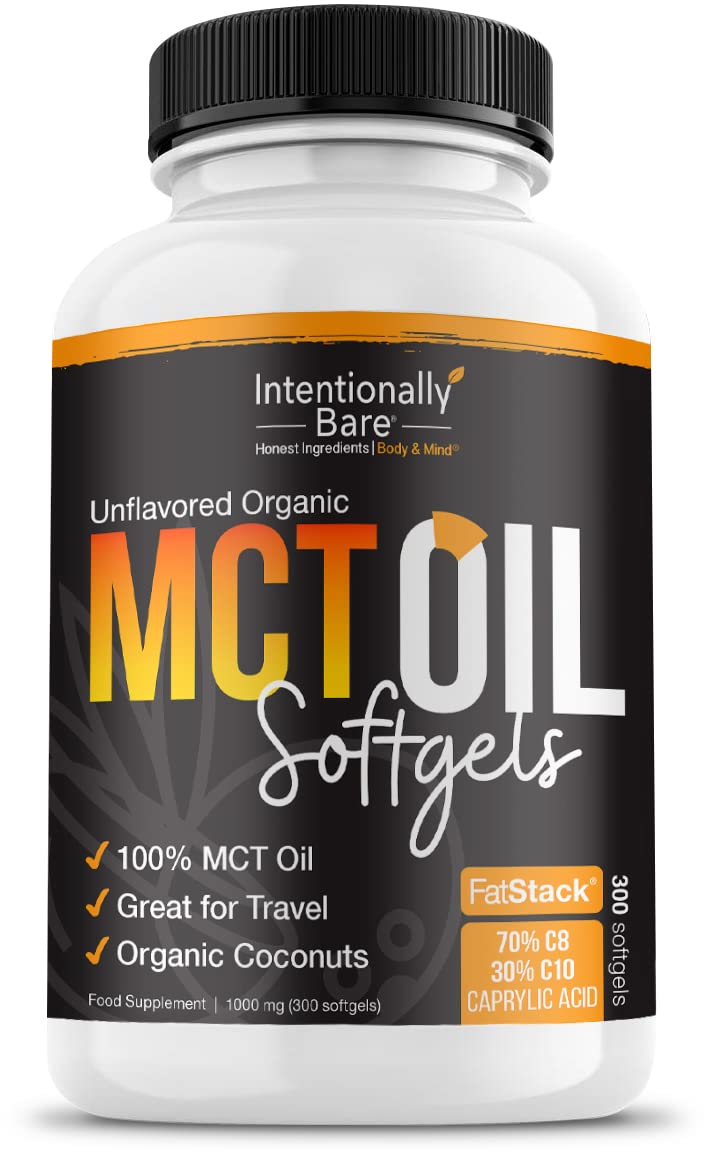 Intentionally Bare MCT Oil Capsules bottle close-up highlighting organic coconut source for steady energy