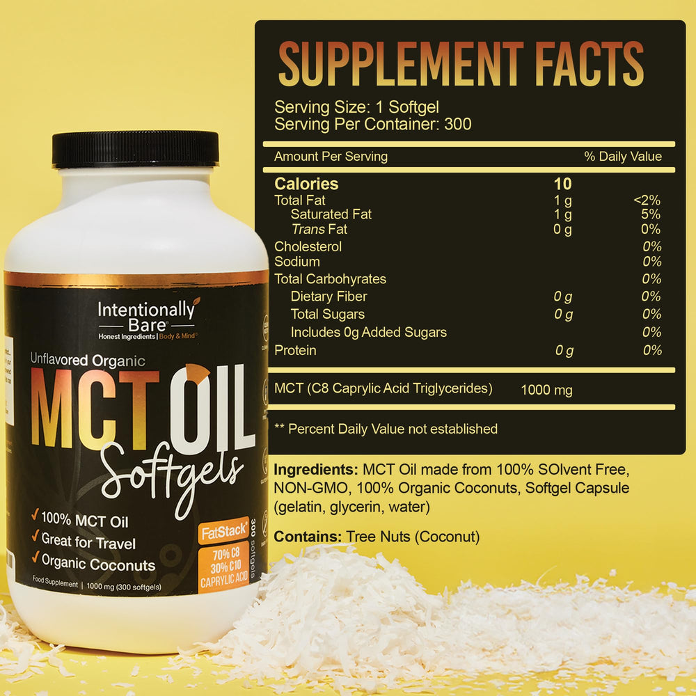Intentionally Bare MCT Oil Capsules on-the-go format for easy daily use and convenience