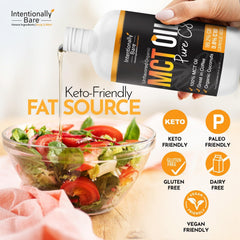 Intentionally Bare MCT Oil with coffee on kitchen counter—energy-ready mornings.