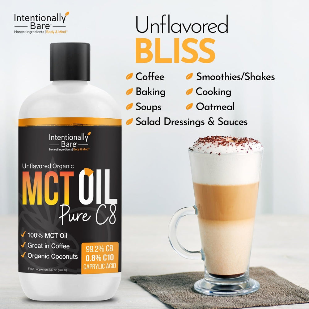 Intentionally Bare MCT Oil packaging on shelf—keto, paleo, vegan friendly.