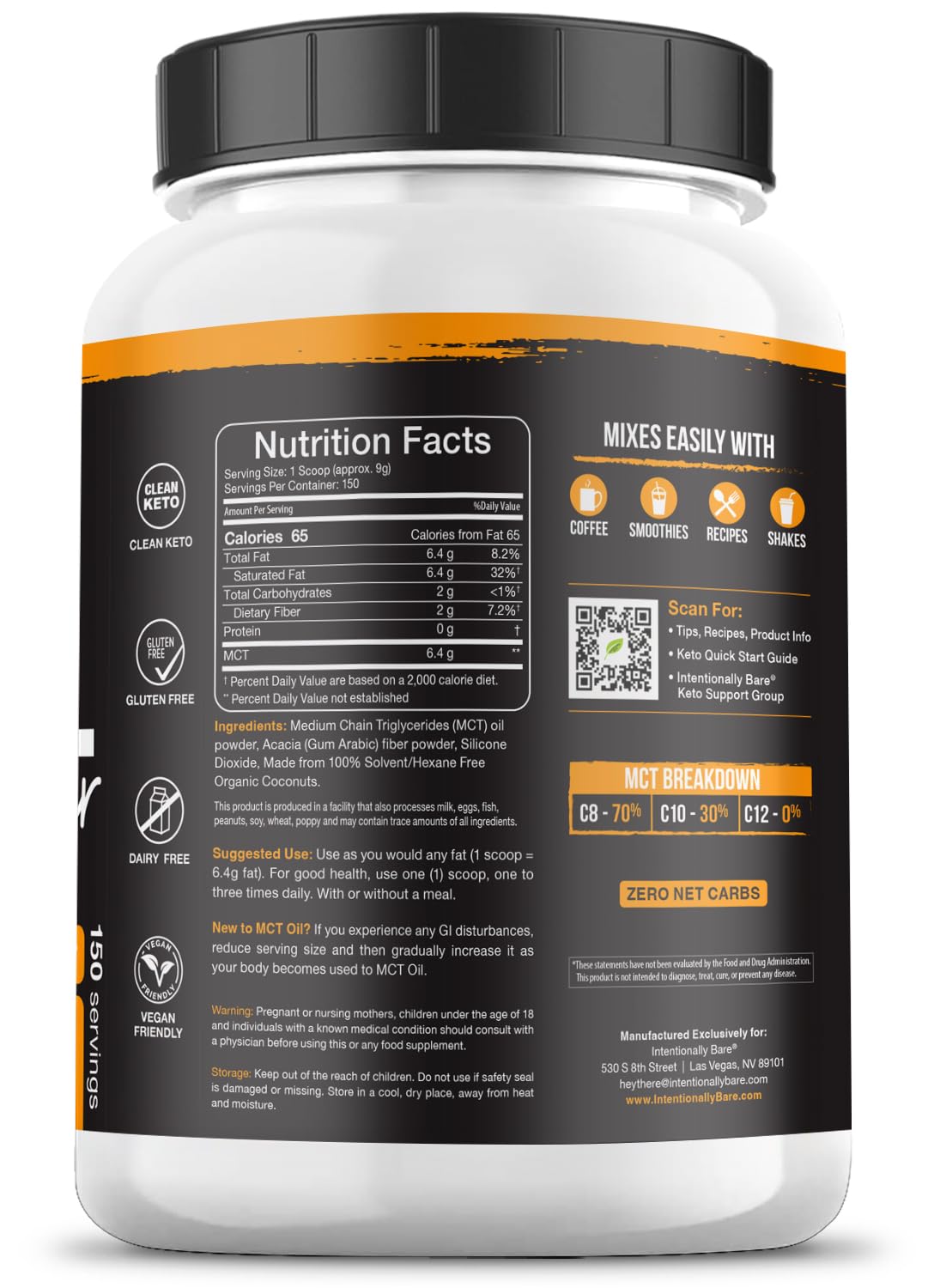 Intentionally Bare MCT Powder jar open showing clean ingredients