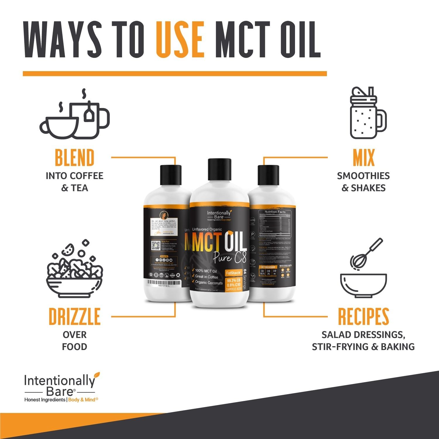 Intentionally Bare MCT Oil drizzle over salad for light, dairy-free dressing.