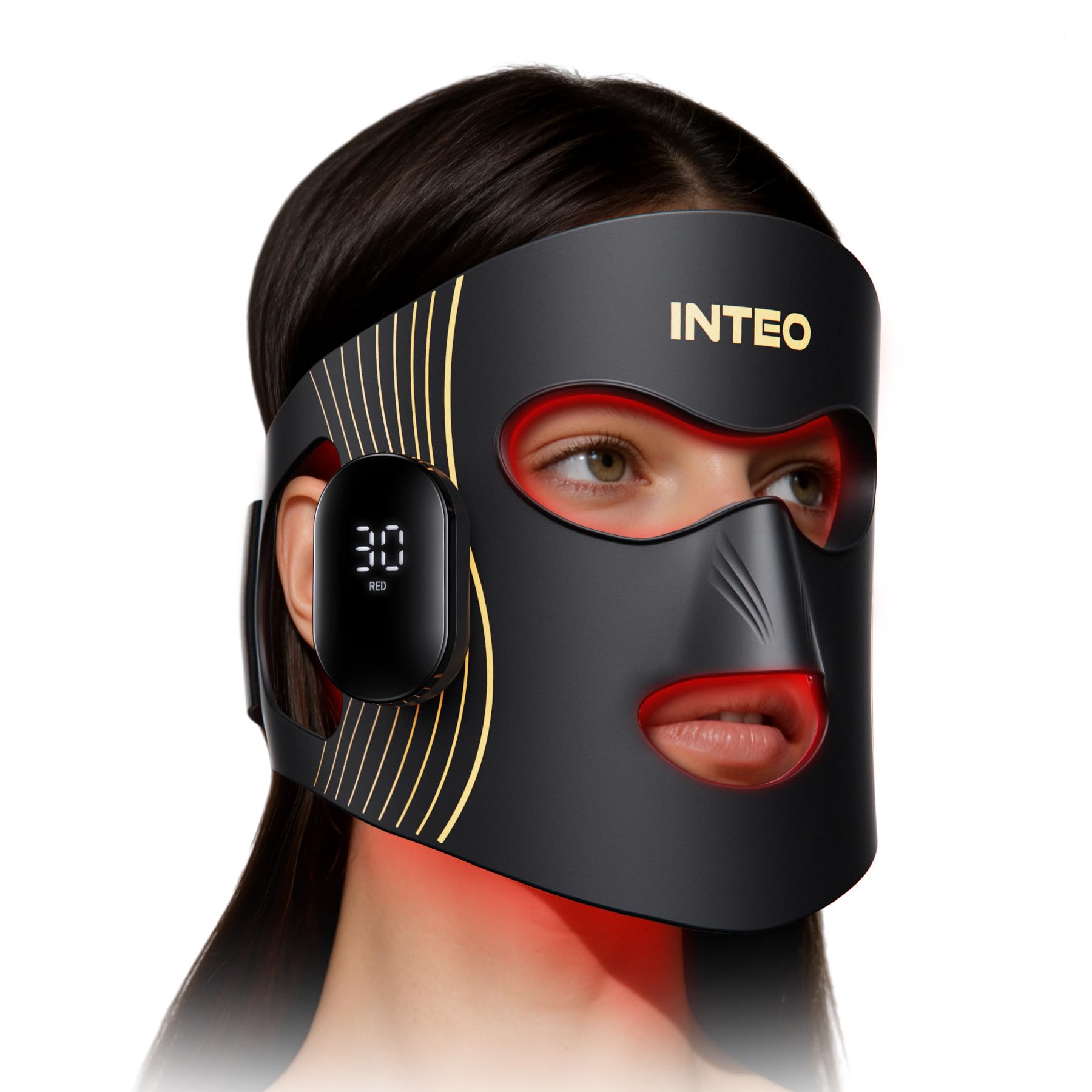 INTEO red light therapy mask with four modes for at-home skin rejuvenation.