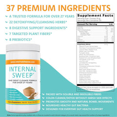 Internal Sweep ingredients blend emphasizes 37 botanicals and 15 fibers for comprehensive support.