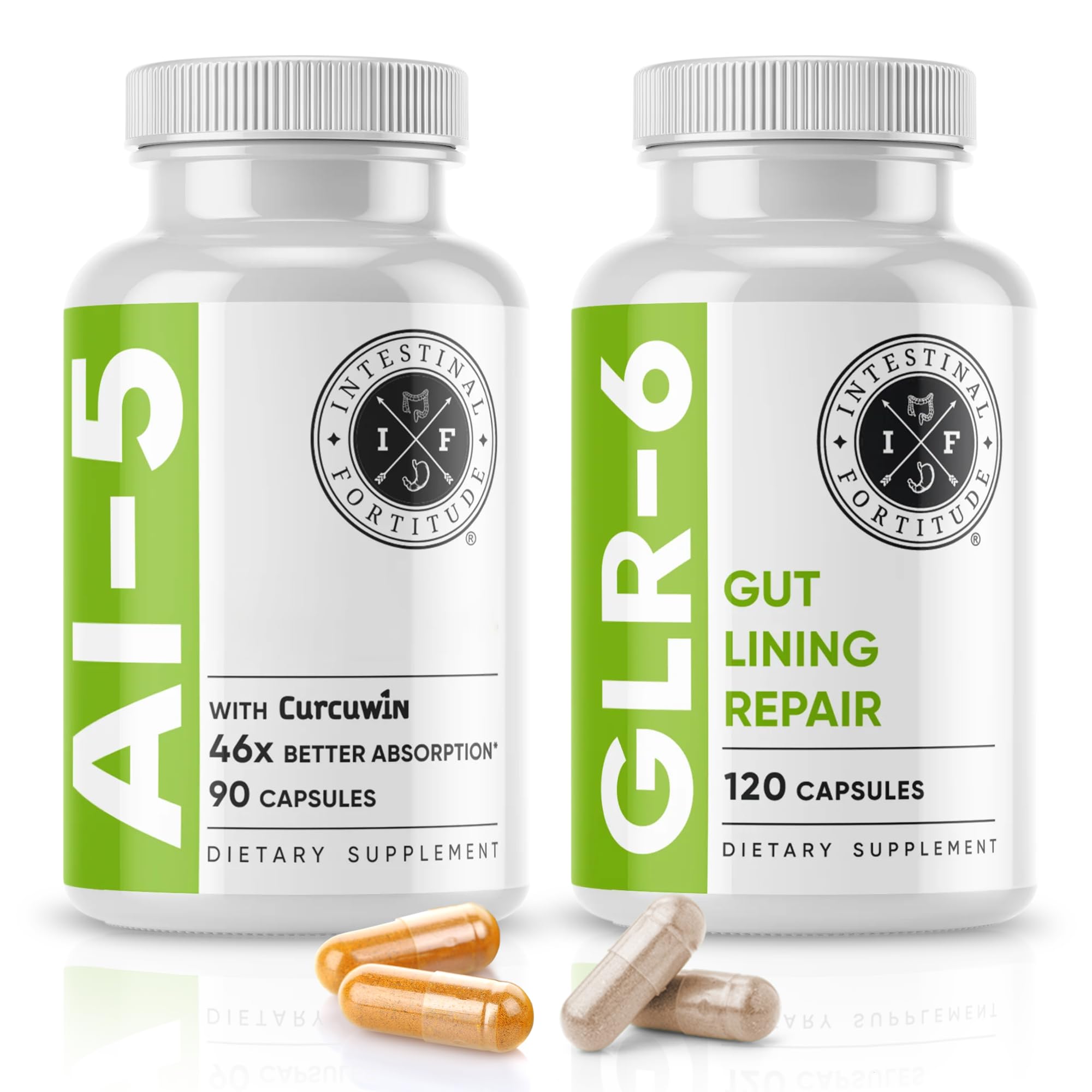 Intestinal Fortitude AI-5 bottle pour highlights enhanced absorption potential for digestive support