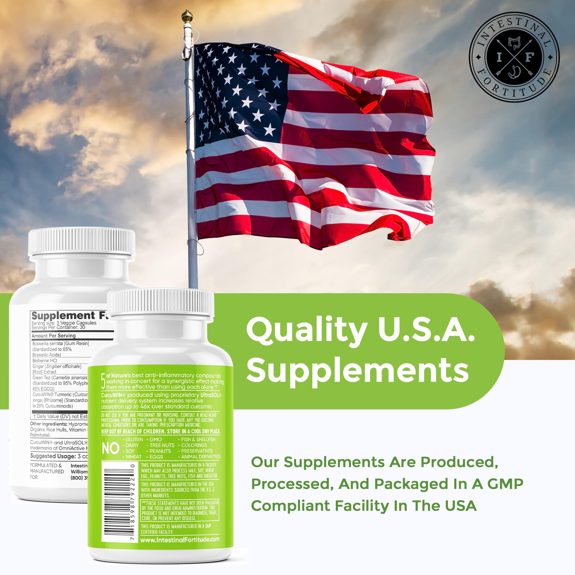 Intestinal Fortitude AI-5 turmeric-curcumin blend close-up signals gut-friendly nutrition.